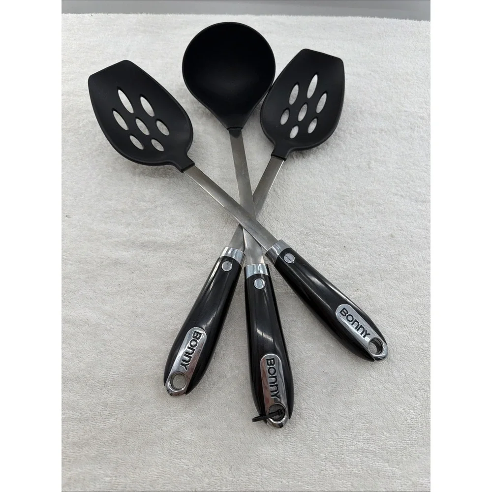 3 Piece Bonny Ergonomic Nylon Metal Plastic Black Serving Spoons Utensils